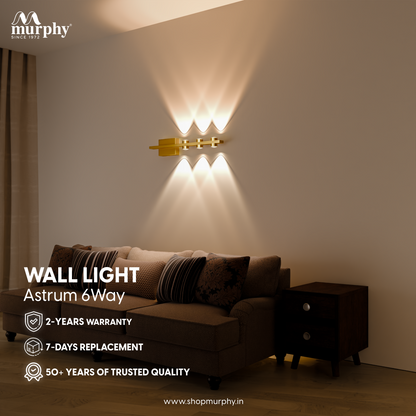 Murphy LED Stylish Up/Down Wall Light – Warm White, Rustproof Aluminum Body (3 Up & 3 Down, Gold Finish) (with 2 Years Warranty)