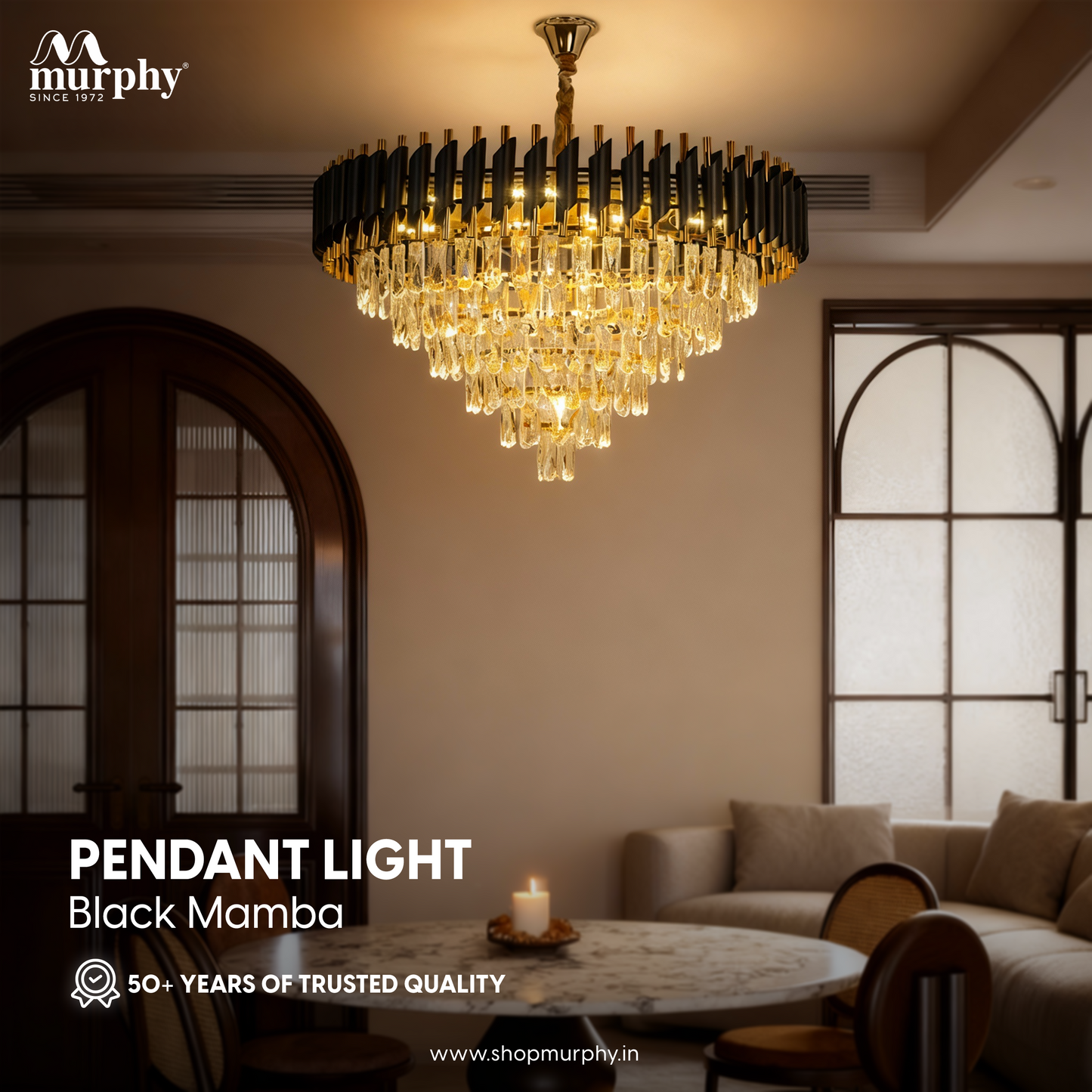 Murphy Black & Gold Crystal Pendant Light| 12 Inch Round Luxury Ceiling Chandelier with Metal Frame & Crystal Tubes for Living Room, Dining Room, Bedroom & Hall