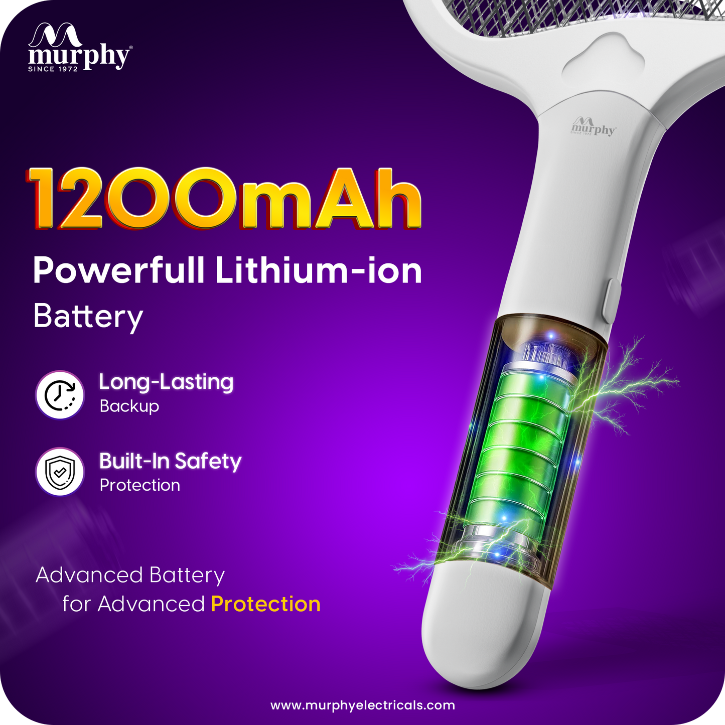 Murphy Smart UV Auto Kill Mosquito Racket with Stand | Type-C Fast Charging | 1200mAh Rechargeable Battery | Auto & Manual Mode | 3-Layer Safety Mesh | Instant Kill | 6 Months Warranty