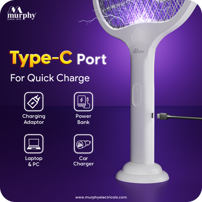 Murphy Smart UV Auto Kill Mosquito Racket with Stand | Type-C Fast Charging | 1200mAh Rechargeable Battery | Auto & Manual Mode | 3-Layer Safety Mesh | Instant Kill | 6 Months Warranty