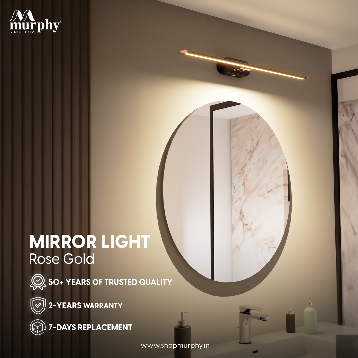 Murphy 12W 3-IN-1 Rose Gold Finish Mirror Light | Elegant Vanity Light | 3 Colour Modes