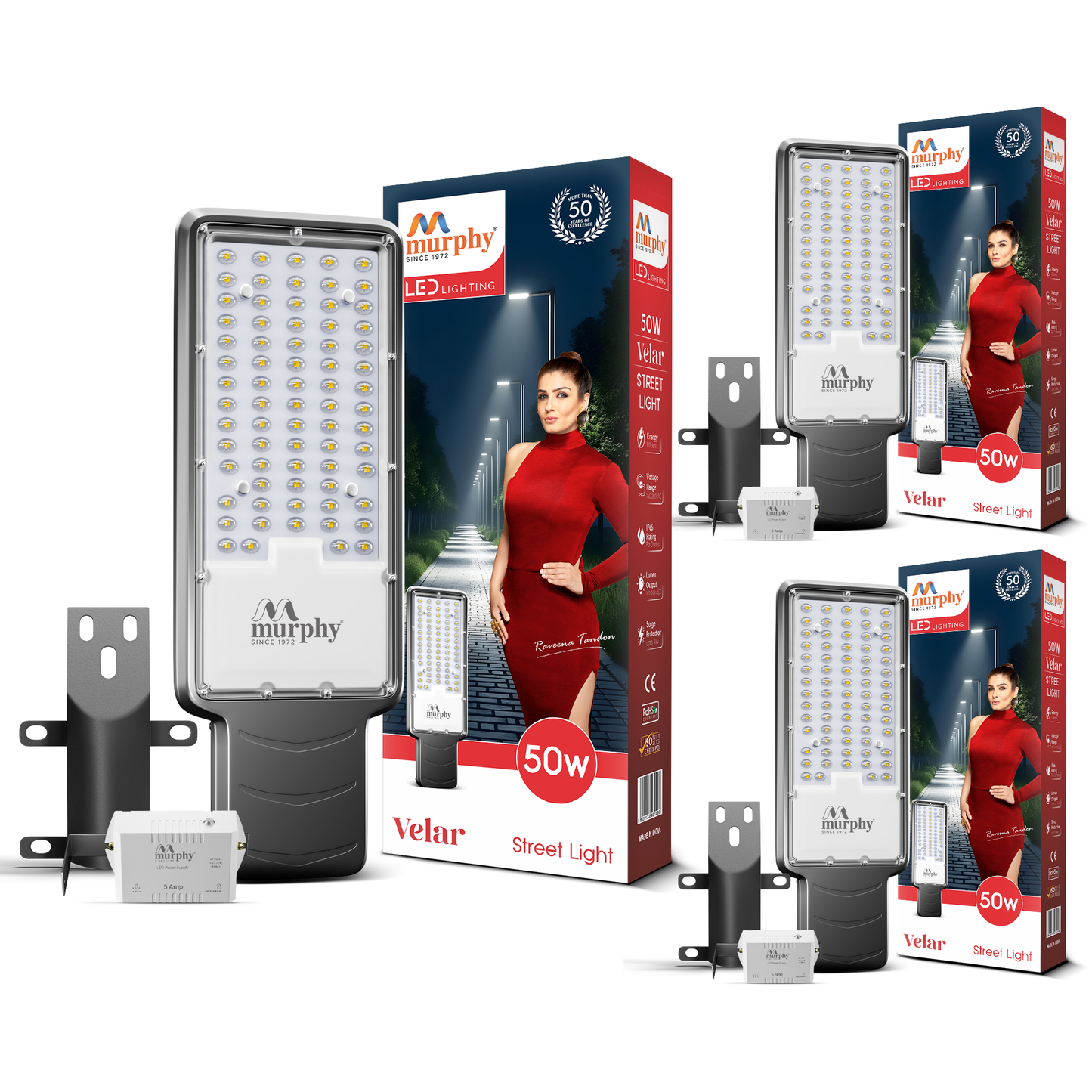 Murphy Velar 50W LED Street Light with Auto On/Off Day Night Sensor | Aluminium Body | IP66 Waterproof | 5000 Lumens | 6500K Cool White | | BIS Certified | 2-Year Warranty