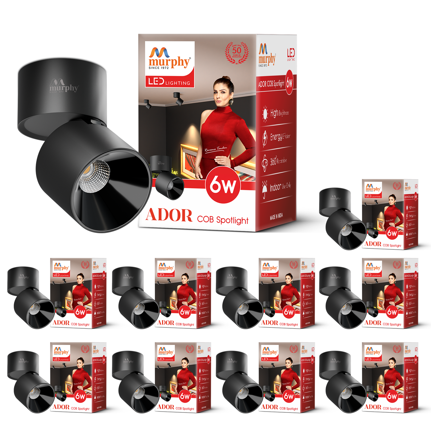 Murphy Ador 6W Surface COB Spot Light | Warm White | Black Reflector | 360° Rotatable | 90° Adjustable | Aluminium Body | BIS Approved |