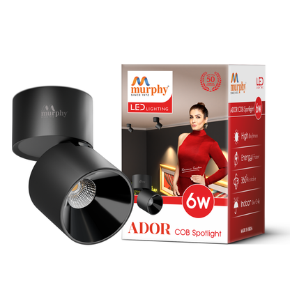 Murphy Ador 6W Surface COB Spot Light | Warm White | Black Reflector | 360° Rotatable | 90° Adjustable | Aluminium Body | BIS Approved |
