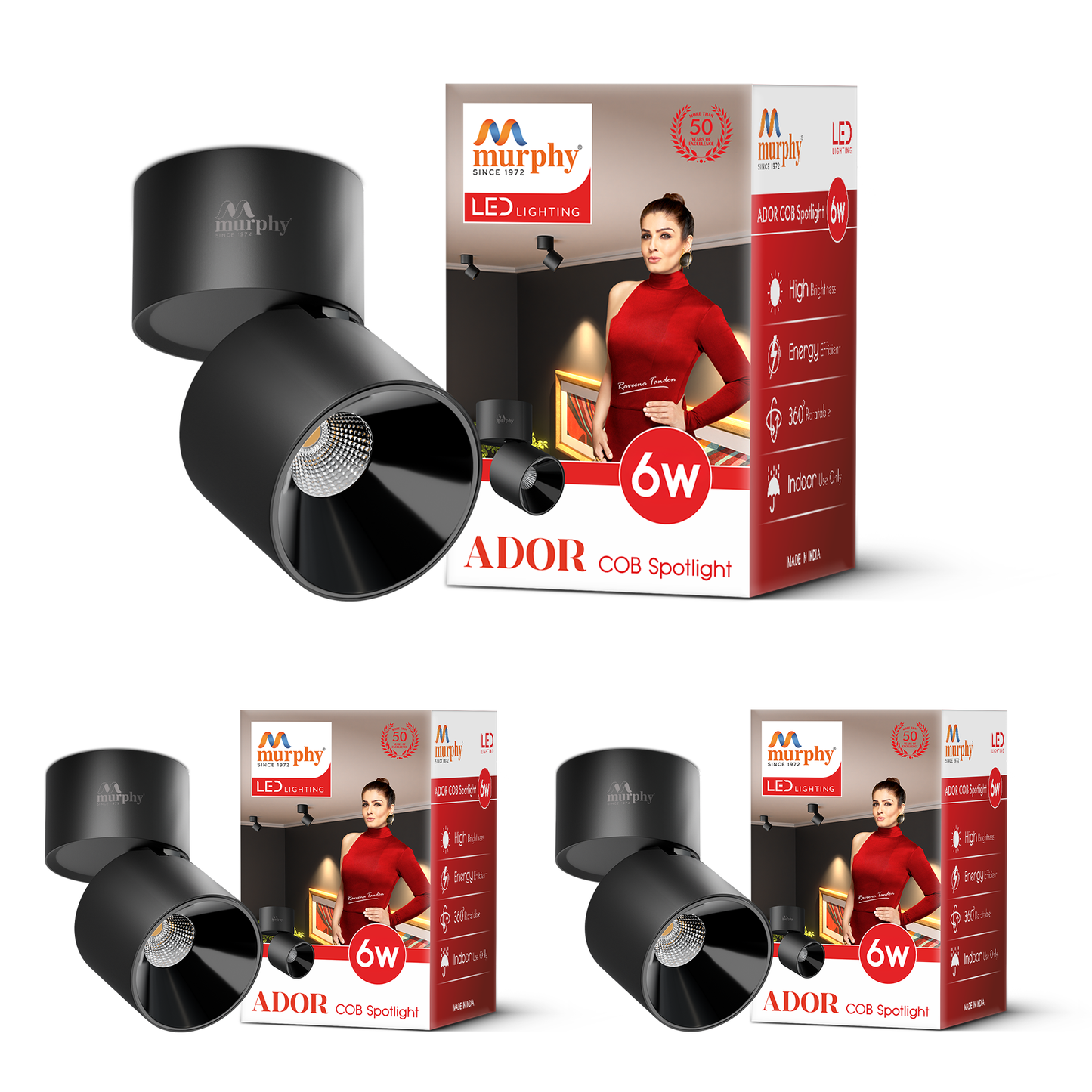 Murphy Ador 6W Surface COB Spot Light | Warm White | Black Reflector | 360° Rotatable | 90° Adjustable | Aluminium Body | BIS Approved |