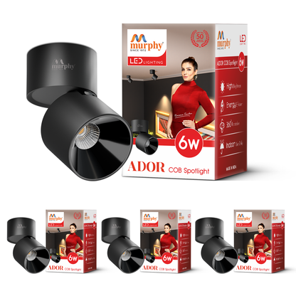 Murphy Ador 6W Surface COB Spot Light | Warm White | Black Reflector | 360° Rotatable | 90° Adjustable | Aluminium Body | BIS Approved |