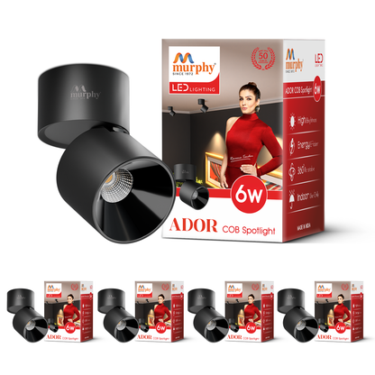 Murphy Ador 6W Surface COB Spot Light | Warm White | Black Reflector | 360° Rotatable | 90° Adjustable | Aluminium Body | BIS Approved |