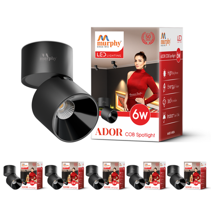Murphy Ador 6W Surface COB Spot Light | Warm White | Black Reflector | 360° Rotatable | 90° Adjustable | Aluminium Body | BIS Approved |