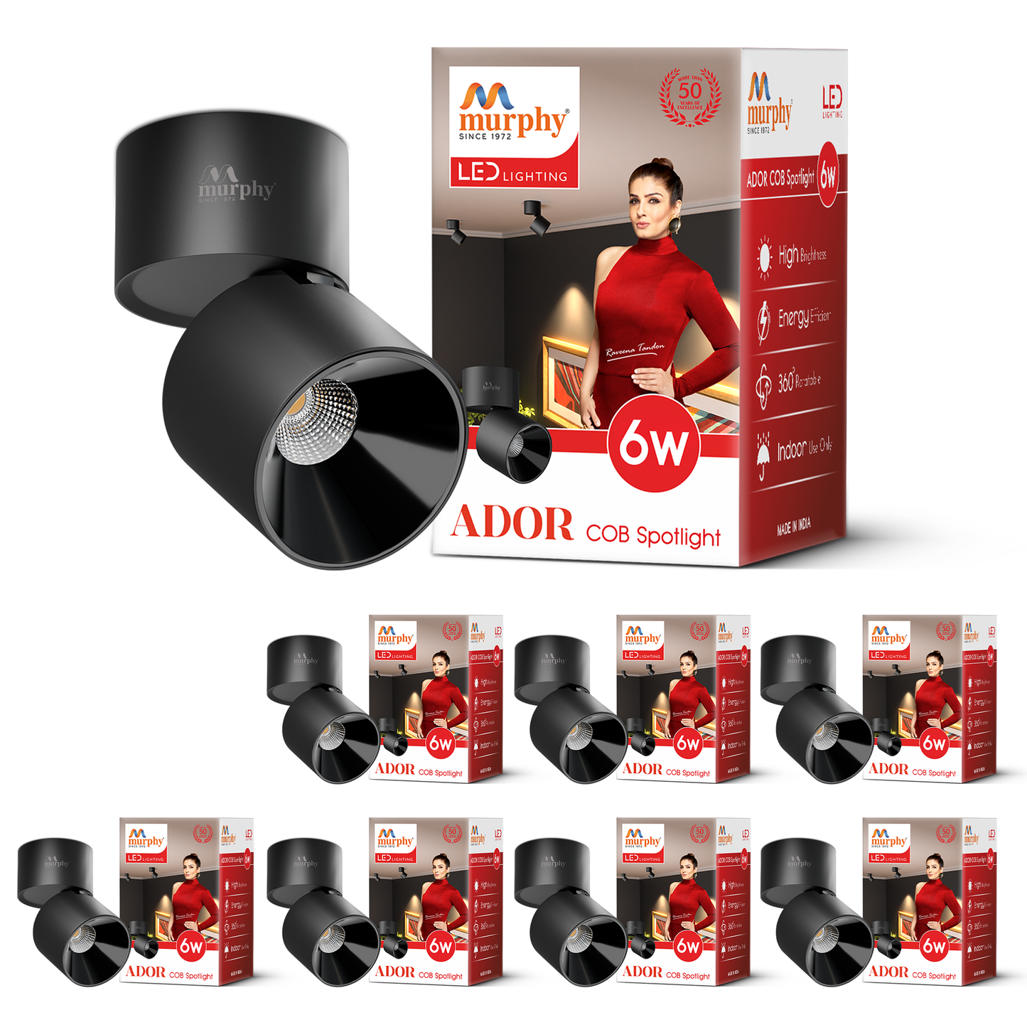 Murphy Ador 6W Surface COB Spot Light | Warm White | Black Reflector | 360° Rotatable | 90° Adjustable | Aluminium Body | BIS Approved |