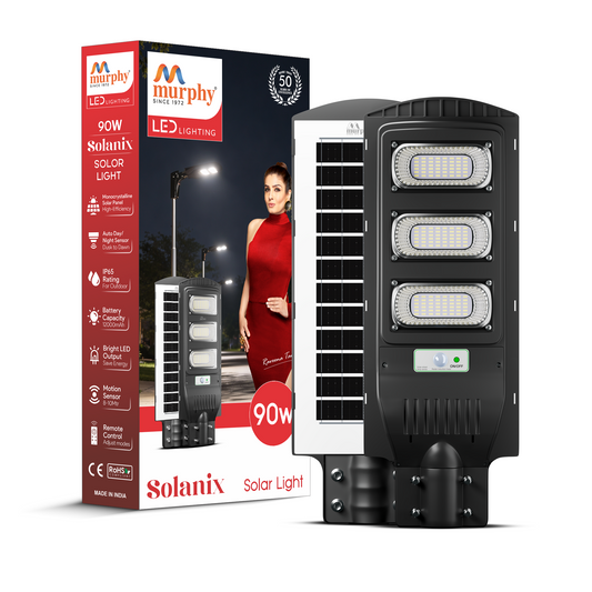 Murphy 90W Solar Street Light Light Output Equivalent to 12W LED  144 SMD LEDs 12Ah Battery Dusk to Dawn Auto On/Off Motion Sensor IP65 Waterproof Cool White  ABS Body 1 Year Warranty