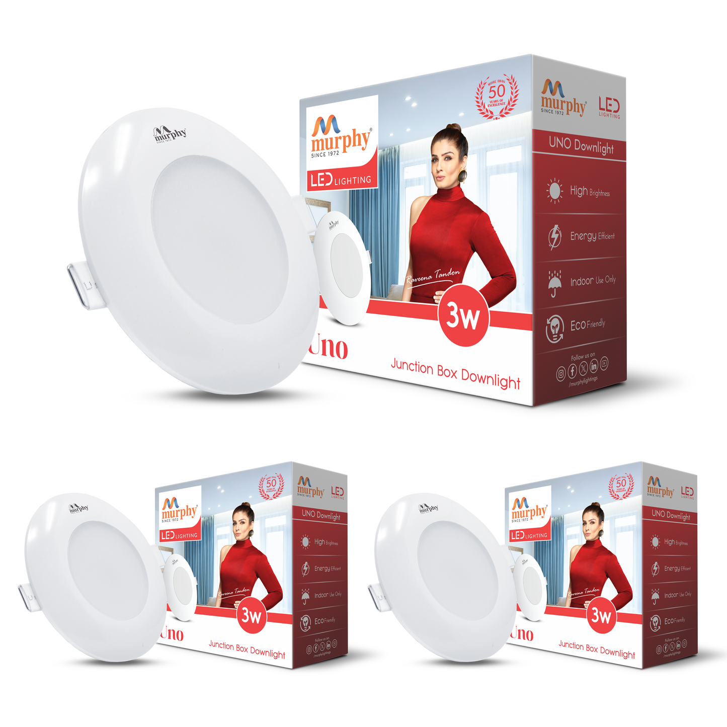 Murphy LED Uno 3W Round Deep Junction Box Light for False Ceiling | Cool White Mini Downlight | Anti-Glare Diffuser | Surge Protection | 45mm Cutout | 2 Years Warranty |Pack of 1