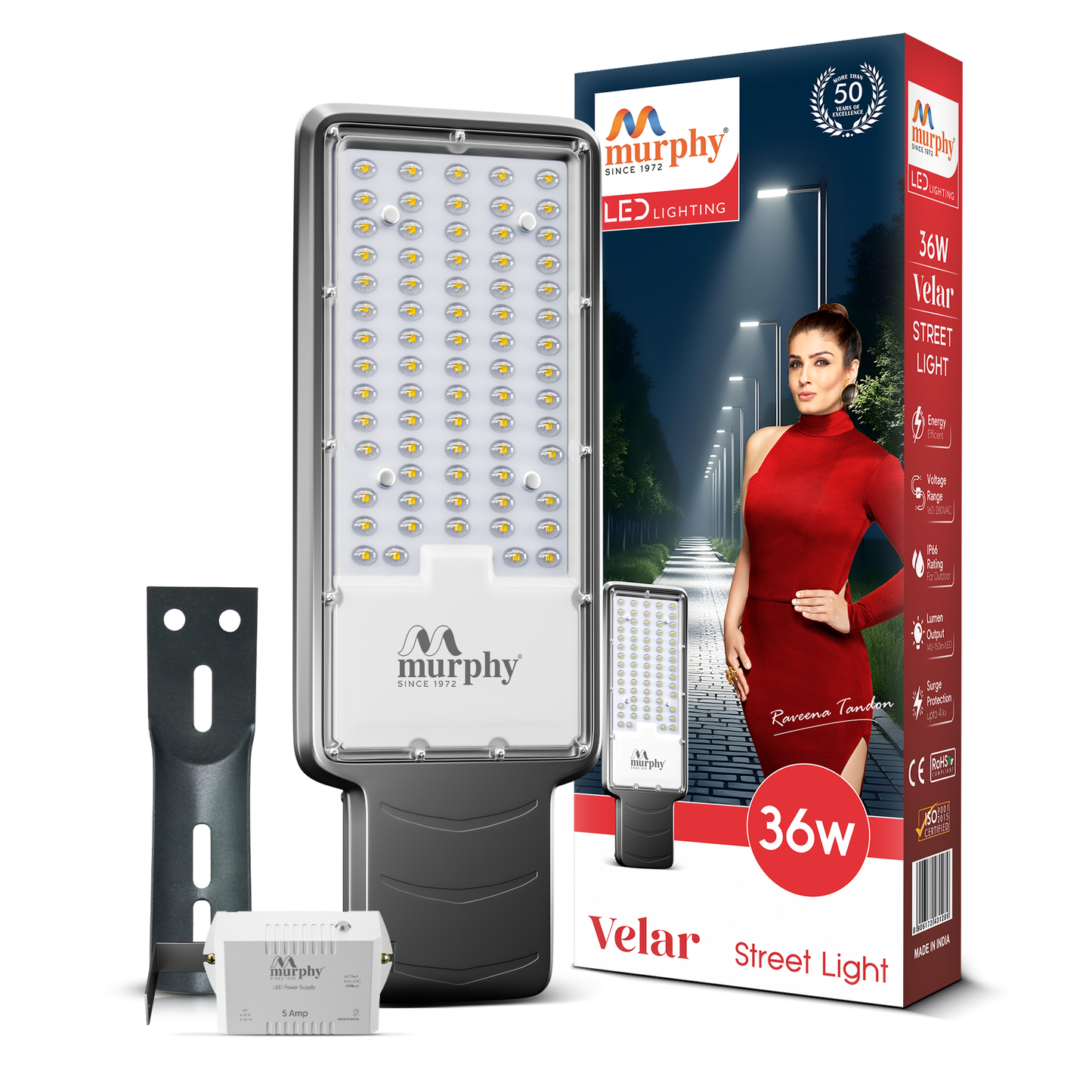 Murphy Velar 36W LED Street Light with Auto On/Off Day Night Sensor | Aluminium Body | IP66 Waterproof | 3600 Lumens | 6500K Cool White | | BIS Certified | 2-Year Warranty