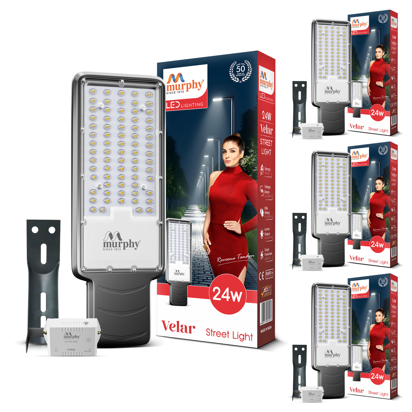 Murphy Velar 24W LED Street Light with Auto On/Off Day Night Sensor | Aluminium Body | IP66 Waterproof | 2400 Lumens | 6500K Cool White | | BIS Certified | 2-Year Warranty