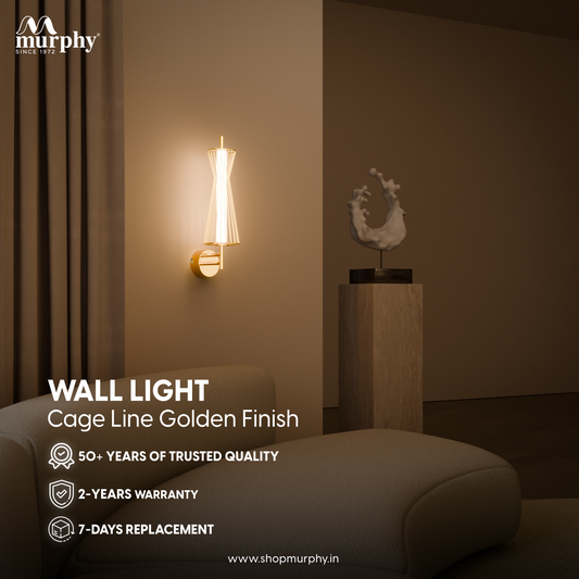 Murphy Cage Line 12W Wall Lamp | 3-in-1 Color Changing LED (Cool White/Warm White/Natural White) with 2-Year Warranty | Premium Golden Finish Decorative Light