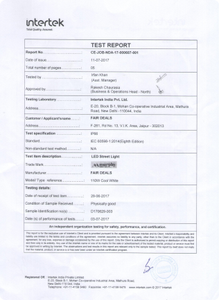 Intertek Test Report for Quality Assurance (IP65)