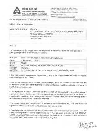 BIS Certification for Grant of Registration