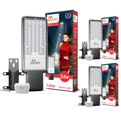 Murphy Velar 24W LED Street Light with Auto On/Off Day Night Sensor | Aluminium Body | IP66 Waterproof | 2400 Lumens | 6500K Cool White | | BIS Certified | 2-Year Warranty