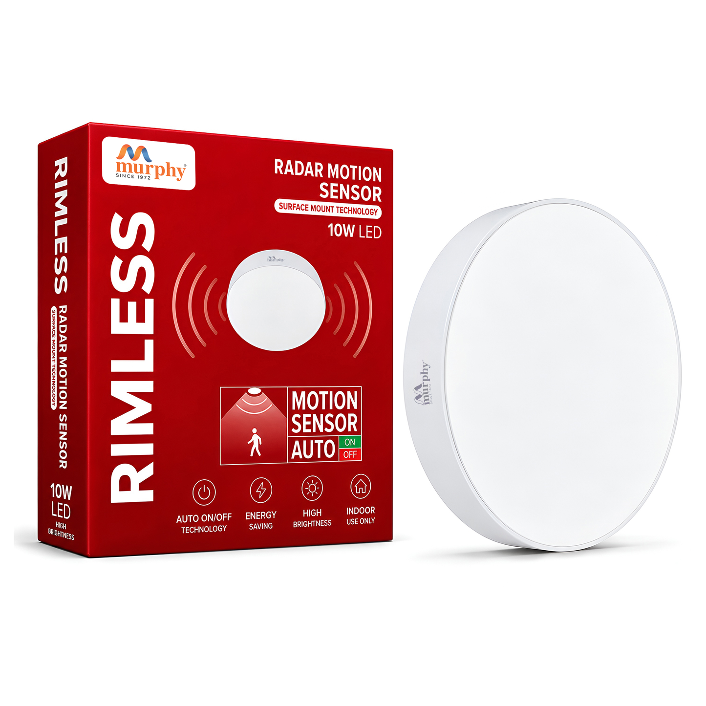 Murphy 10W Surface Mounted Rimless Radar Motion Sensor LED Light (Cool White, Auto ON/Off, White Body) – Smart Ceiling Light for Indoor Use with 6-Month Warranty