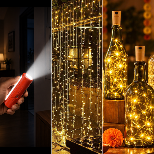 🎁 🎁 🎁 10MTR CW RICE LIGHT  PACK OF 2 + CRYSTAL DIYA  PACK OF 4 +SENSOR CANDLE BULB  PACK OF 2