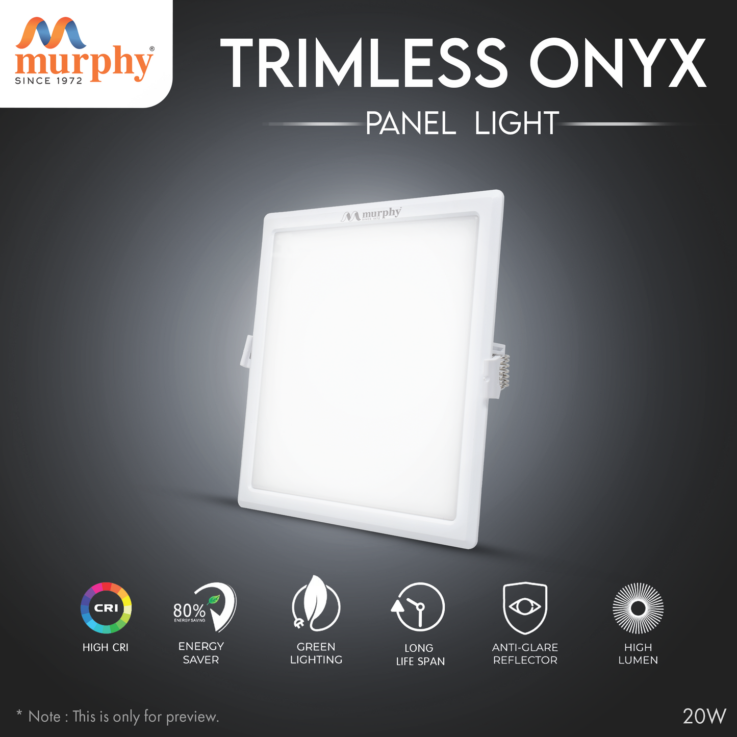 Murphy 20W Trimless Square Recess Panel Light